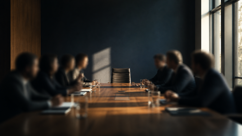 Empty chair at the head of a conference table while team members lean into active conversation, illustrating confident leaders who trust their team